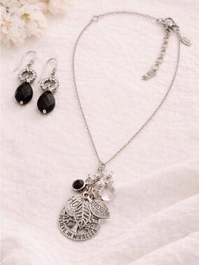 Silver Toned 'Believe in Miracles' Pendant Necklace with Black Gem Accents
